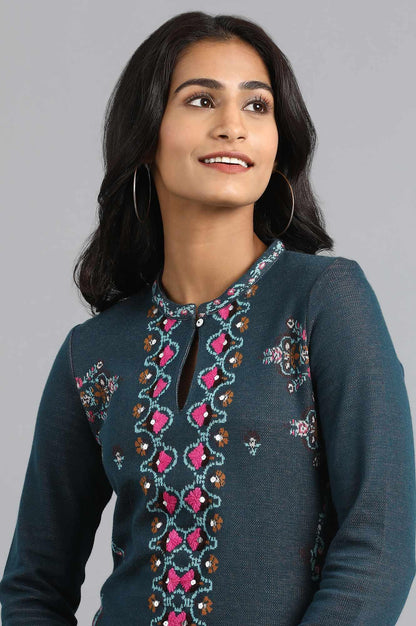 Teal Mandarin Neck Yarn-dyed Winter kurta - wforwoman