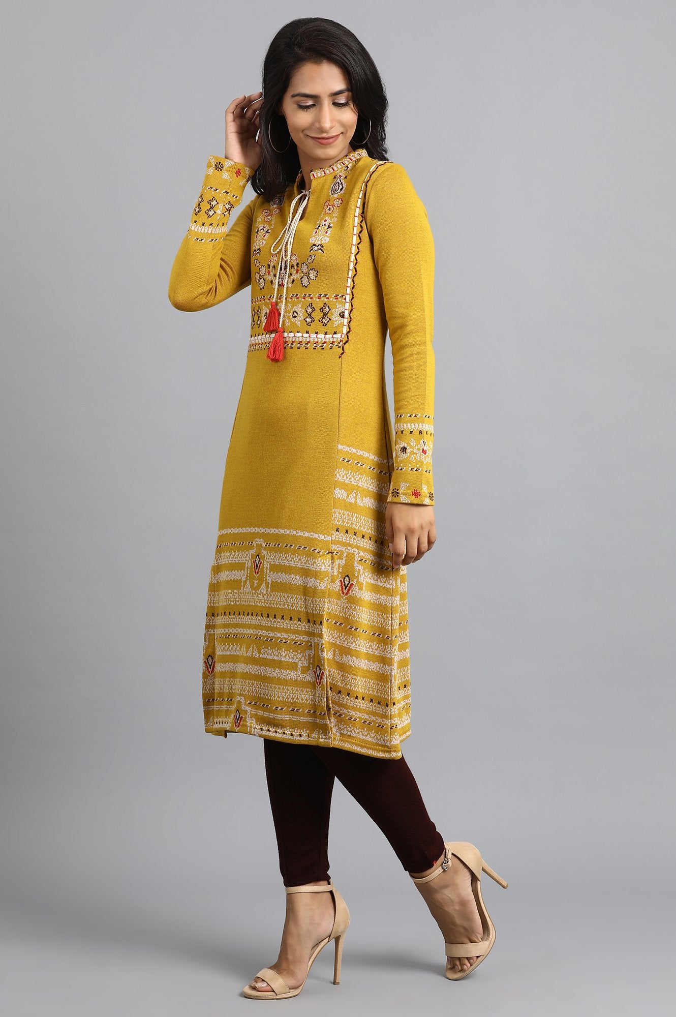 Mustard Mandarin Neck Tie-up kurta