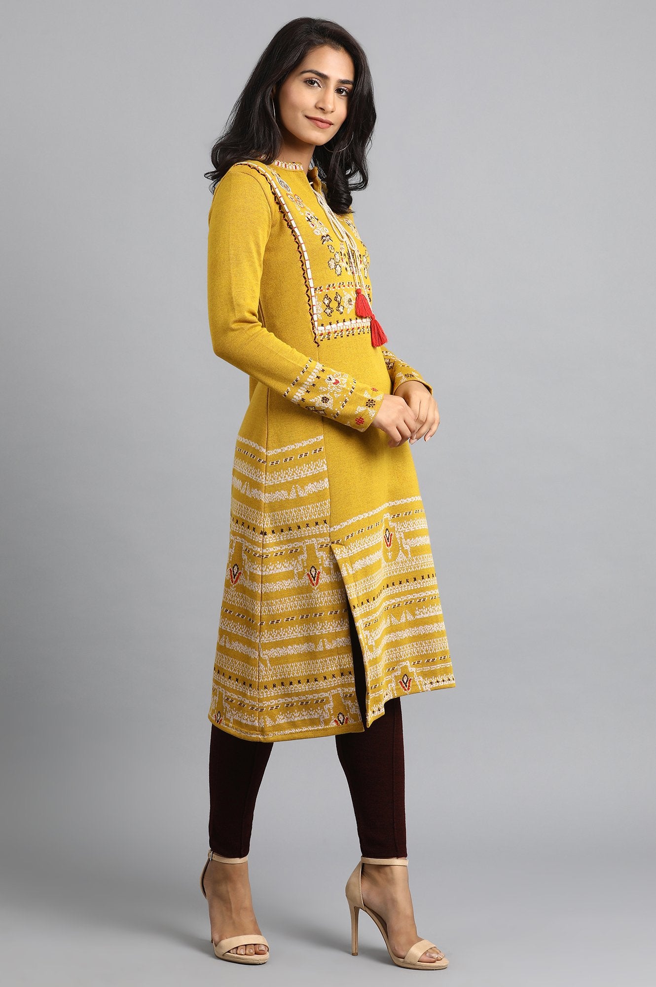 Mustard Mandarin Neck Tie-up kurta