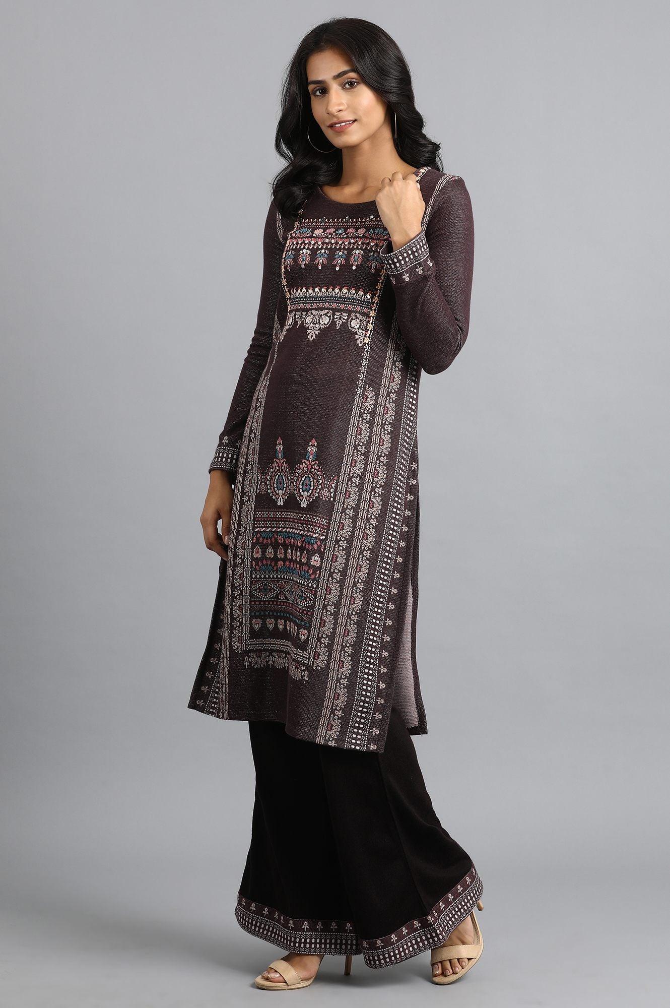 Prune Round Neck Yarn-dyed Winter kurta - wforwoman