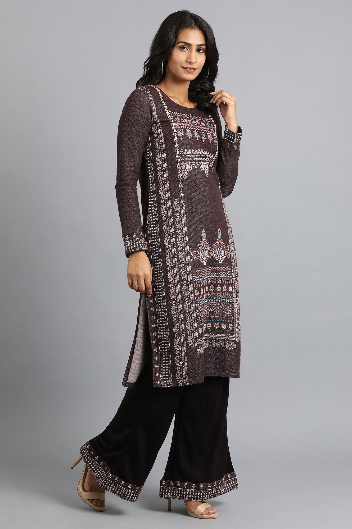 Prune Round Neck Yarn-dyed Winter kurta - wforwoman