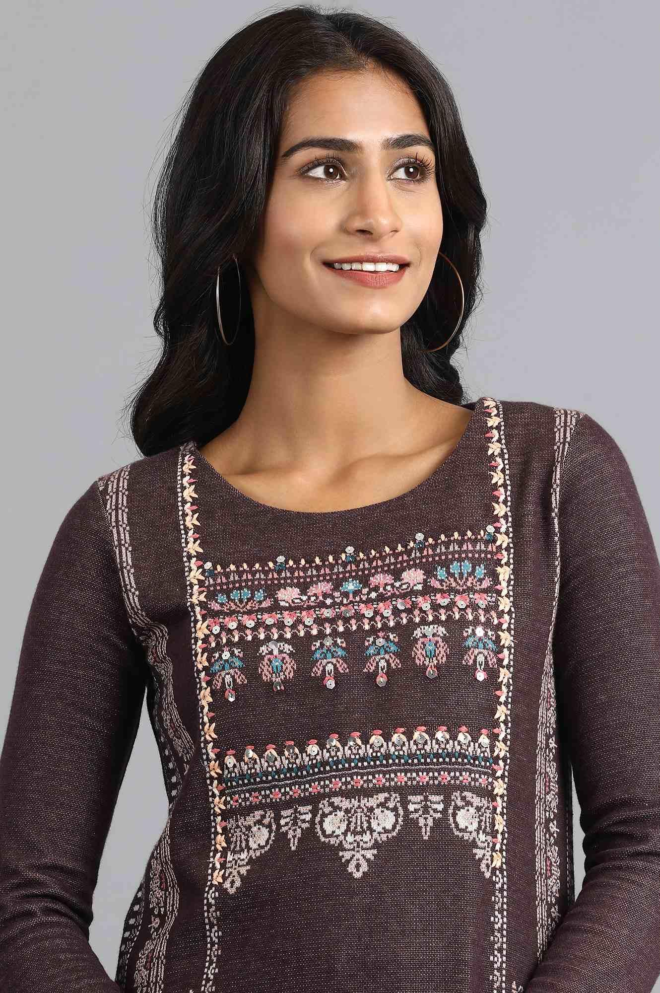 Prune Round Neck Yarn-dyed Winter kurta - wforwoman