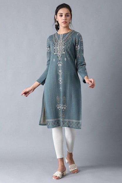 Blue Round Neck Winter kurta - wforwoman