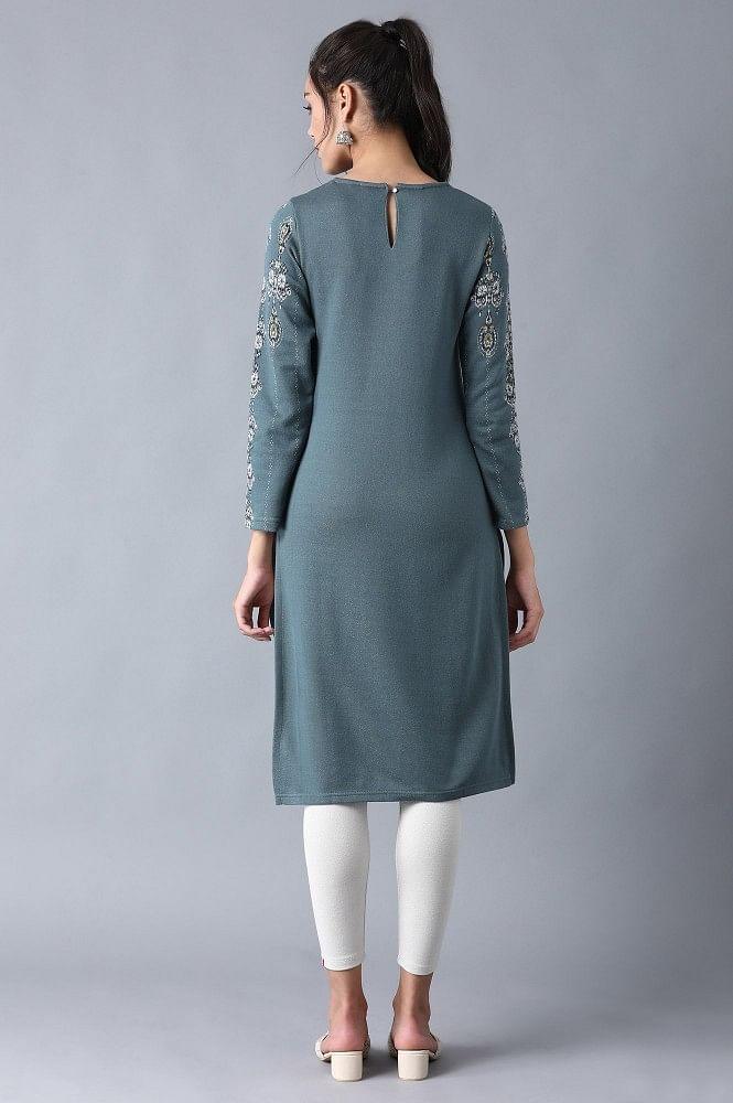 Blue Round Neck Winter kurta - wforwoman