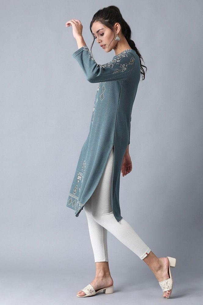 Blue Round Neck Winter kurta - wforwoman