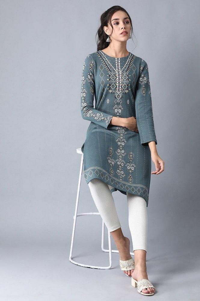 Blue Round Neck Winter kurta - wforwoman