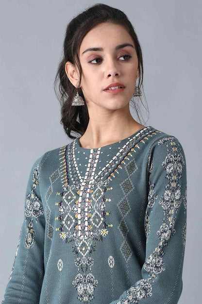 Blue Round Neck Winter kurta - wforwoman