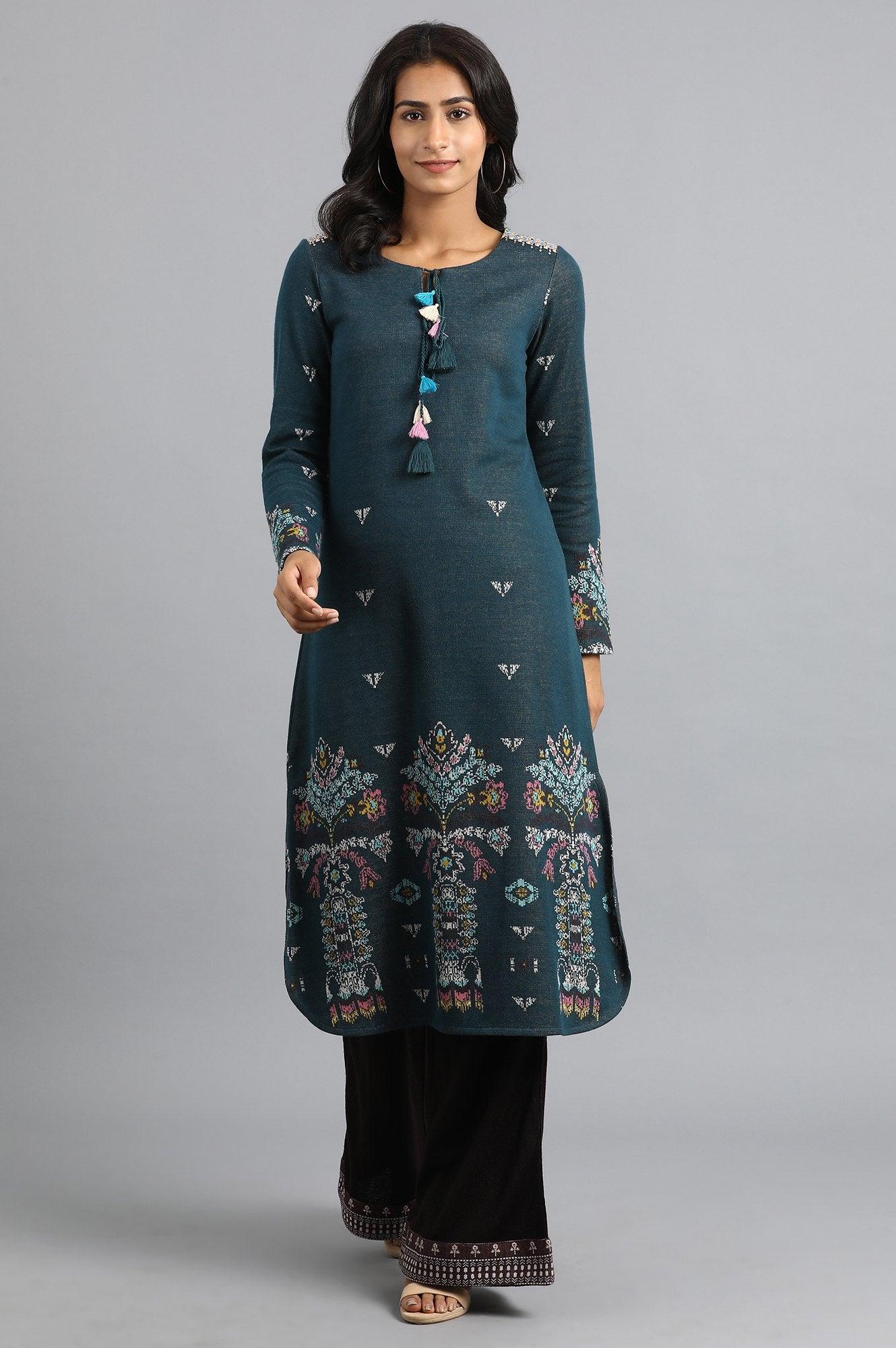 Teal Round Neck Tie-up Winter kurta - wforwoman