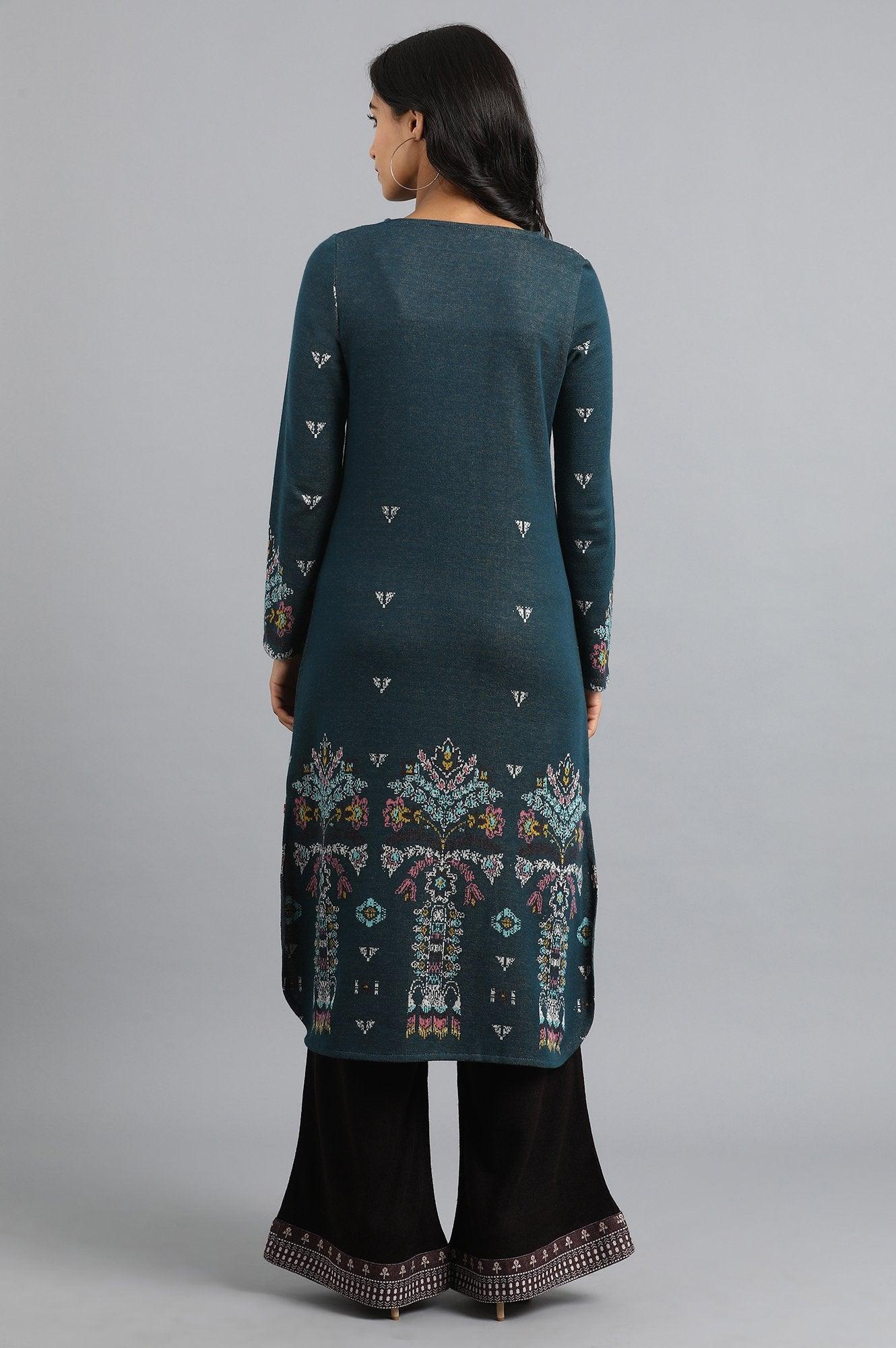 Teal Round Neck Tie-up Winter kurta - wforwoman