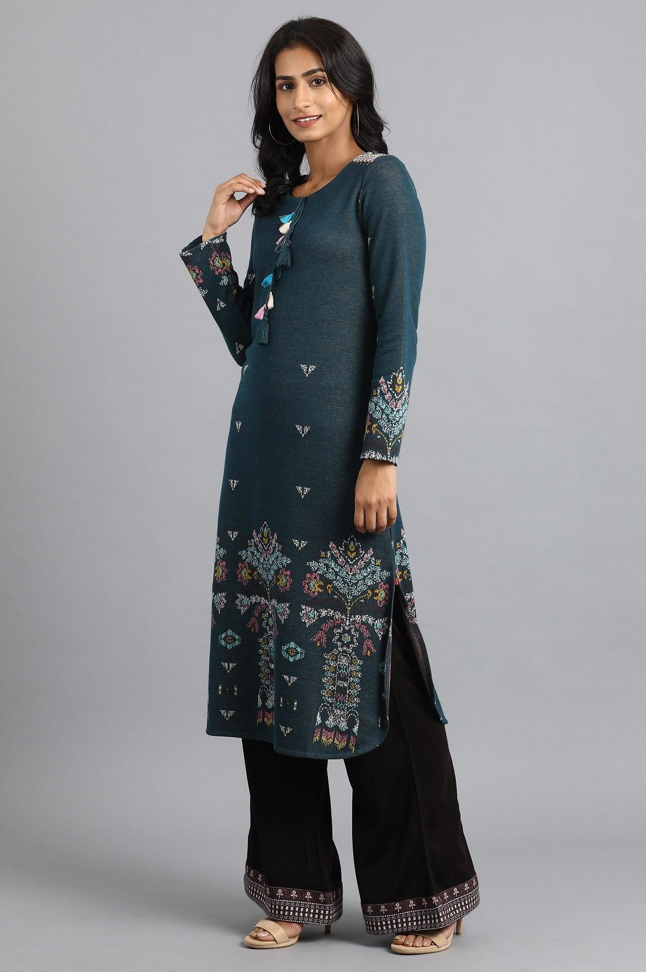 Teal Round Neck Tie-up Winter kurta - wforwoman