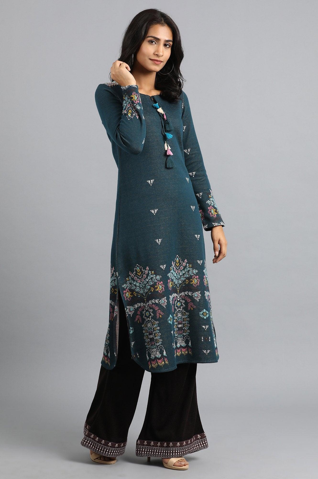 Teal Round Neck Tie-up Winter kurta - wforwoman