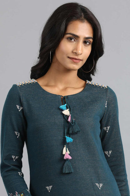 Teal Round Neck Tie-up Winter kurta - wforwoman