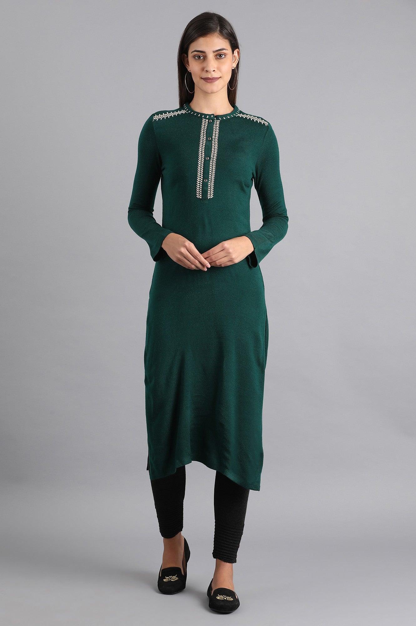 Green Mandarin Neck Winter kurta - wforwoman