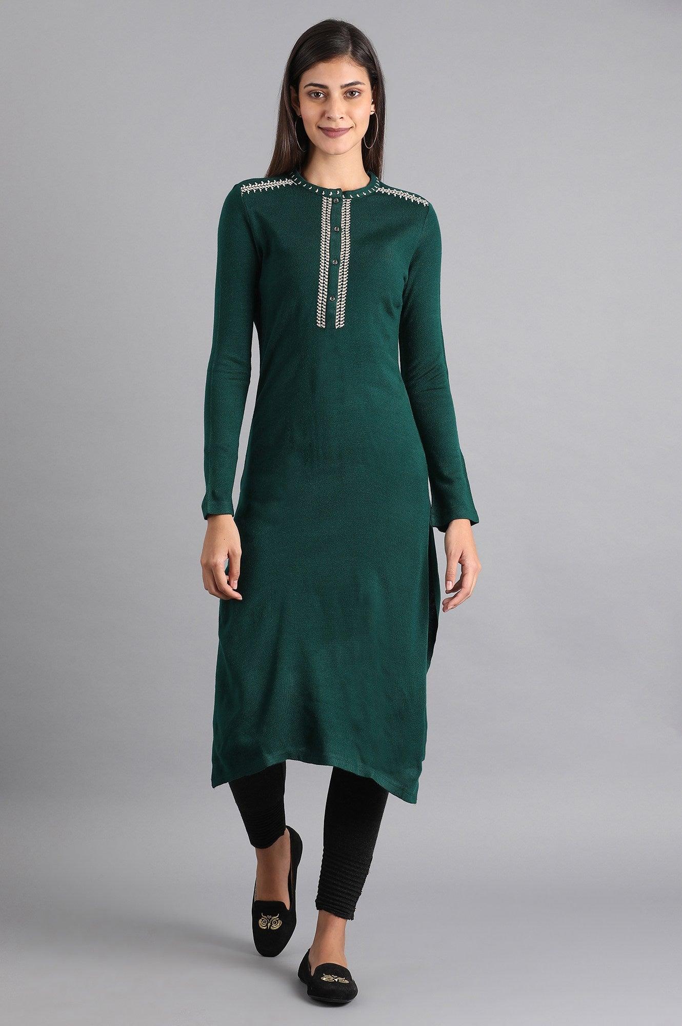 Green Mandarin Neck Winter kurta - wforwoman