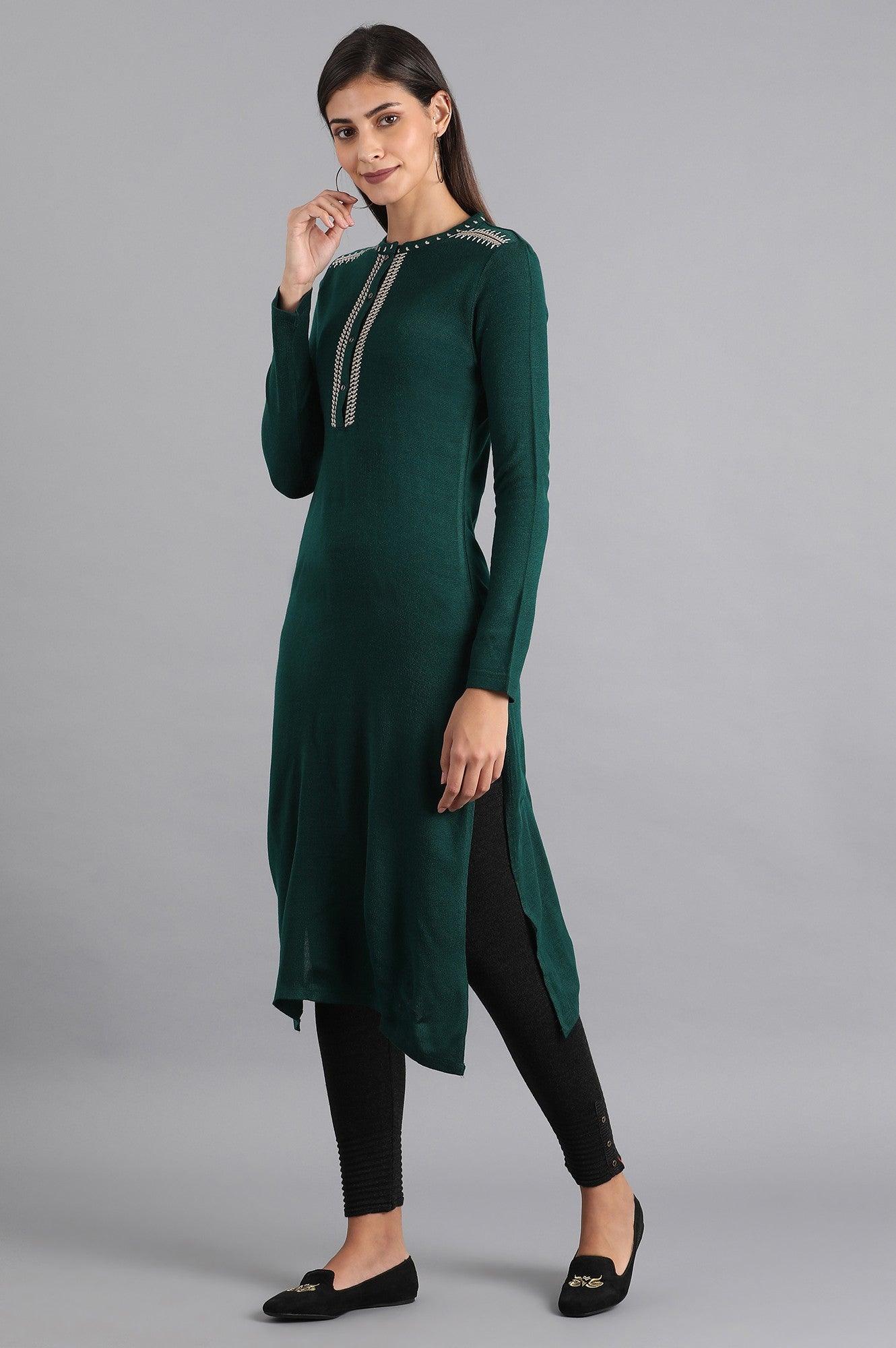 Green Mandarin Neck Winter kurta - wforwoman