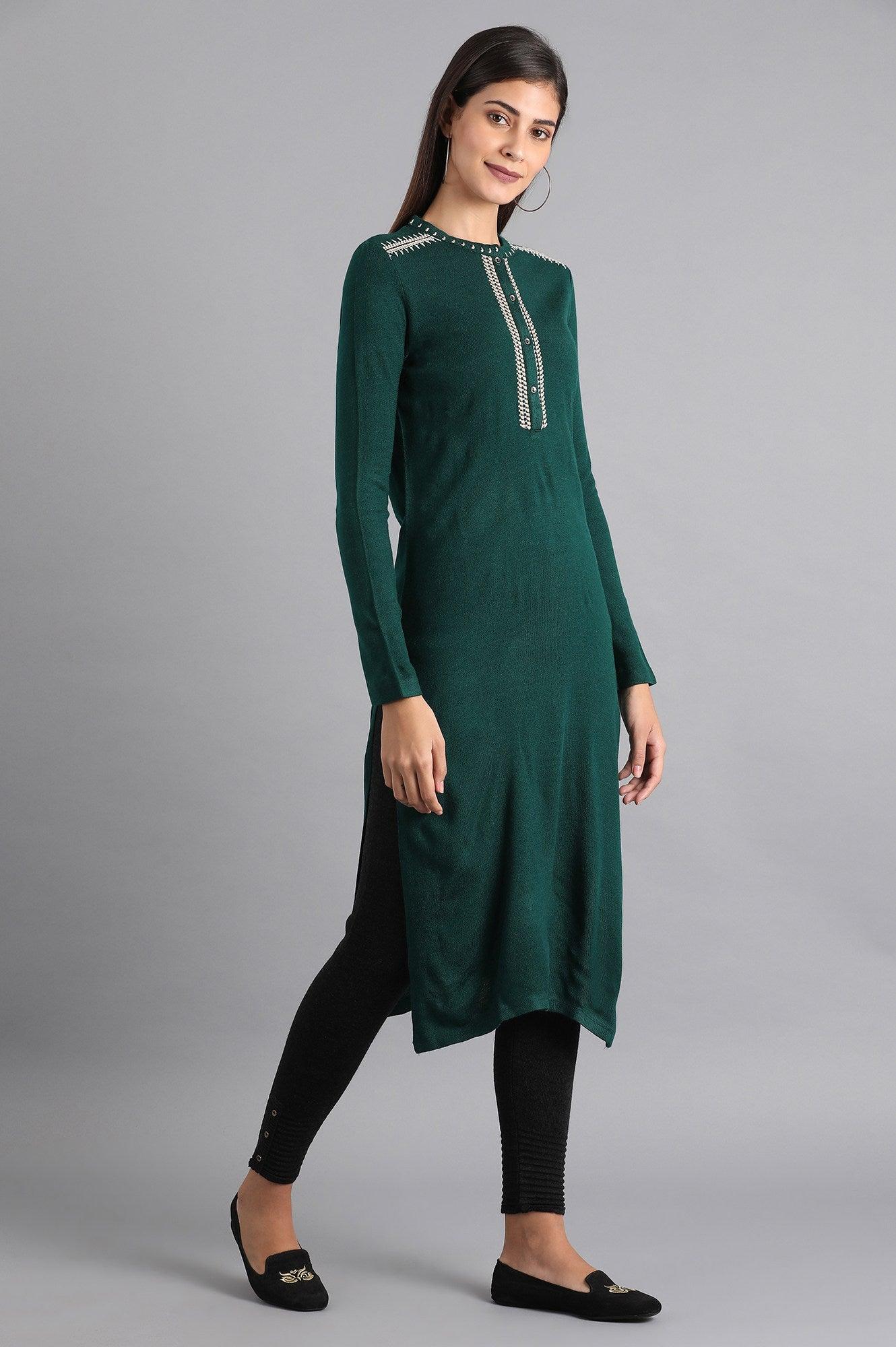 Green Mandarin Neck Winter kurta - wforwoman