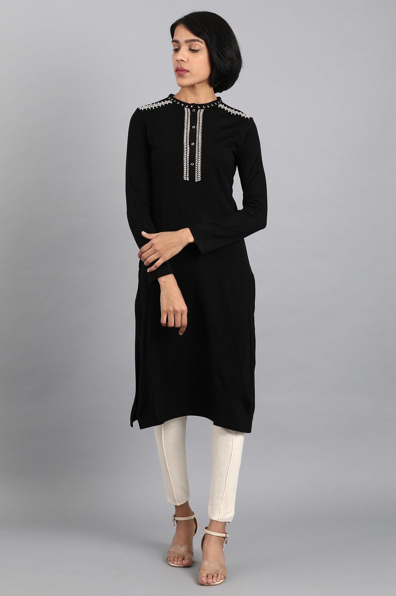 Black Mandarin Neck Solid Winter kurta - wforwoman