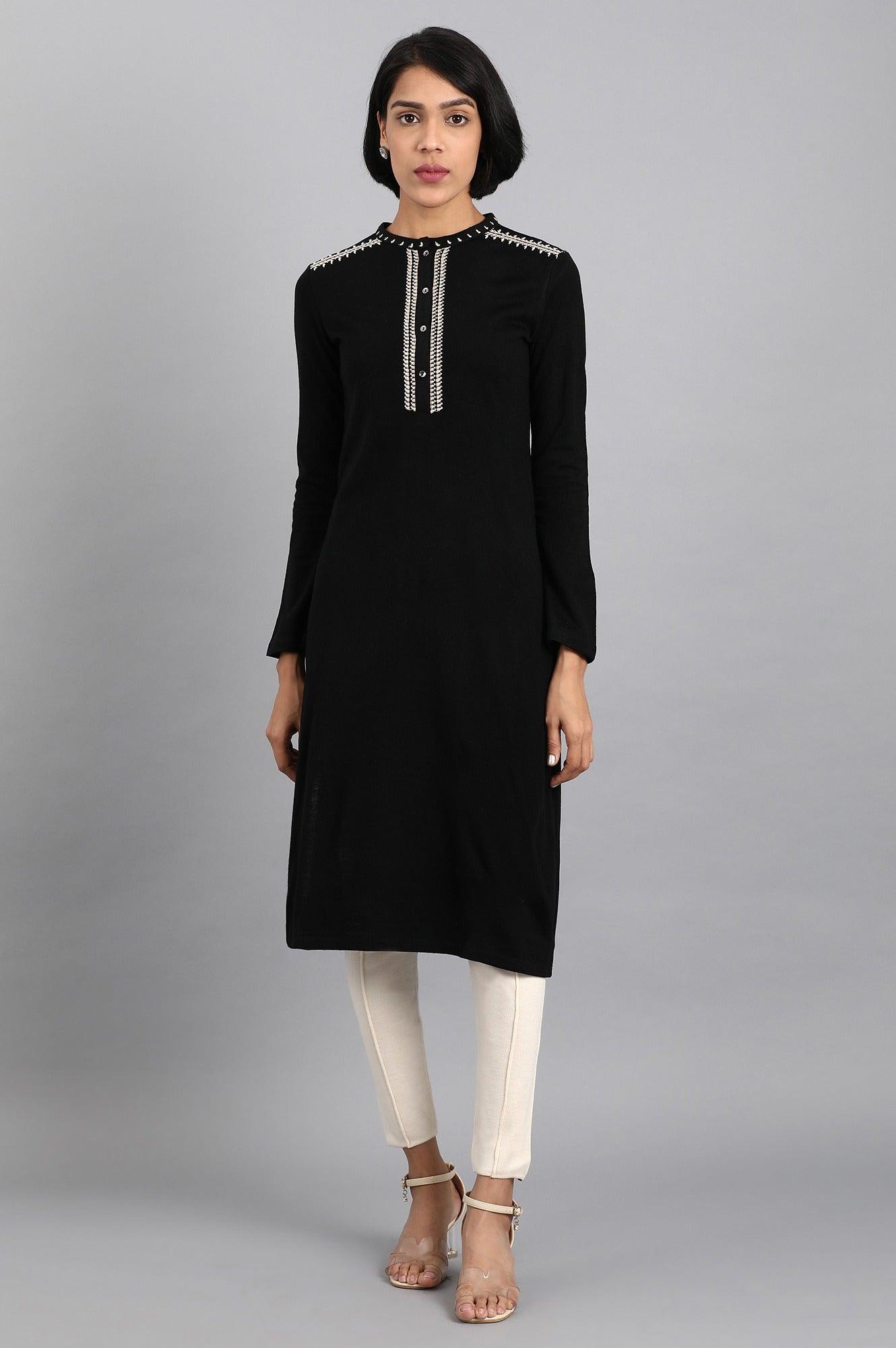 Black Mandarin Neck Solid Winter kurta - wforwoman