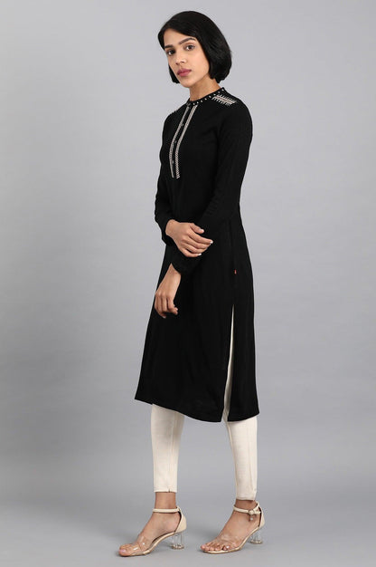 Black Mandarin Neck Solid Winter kurta - wforwoman