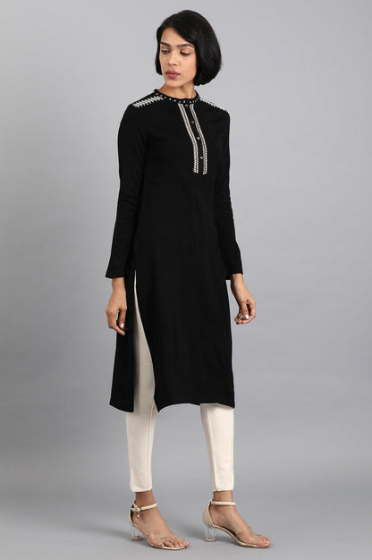 Black Mandarin Neck Solid Winter kurta - wforwoman