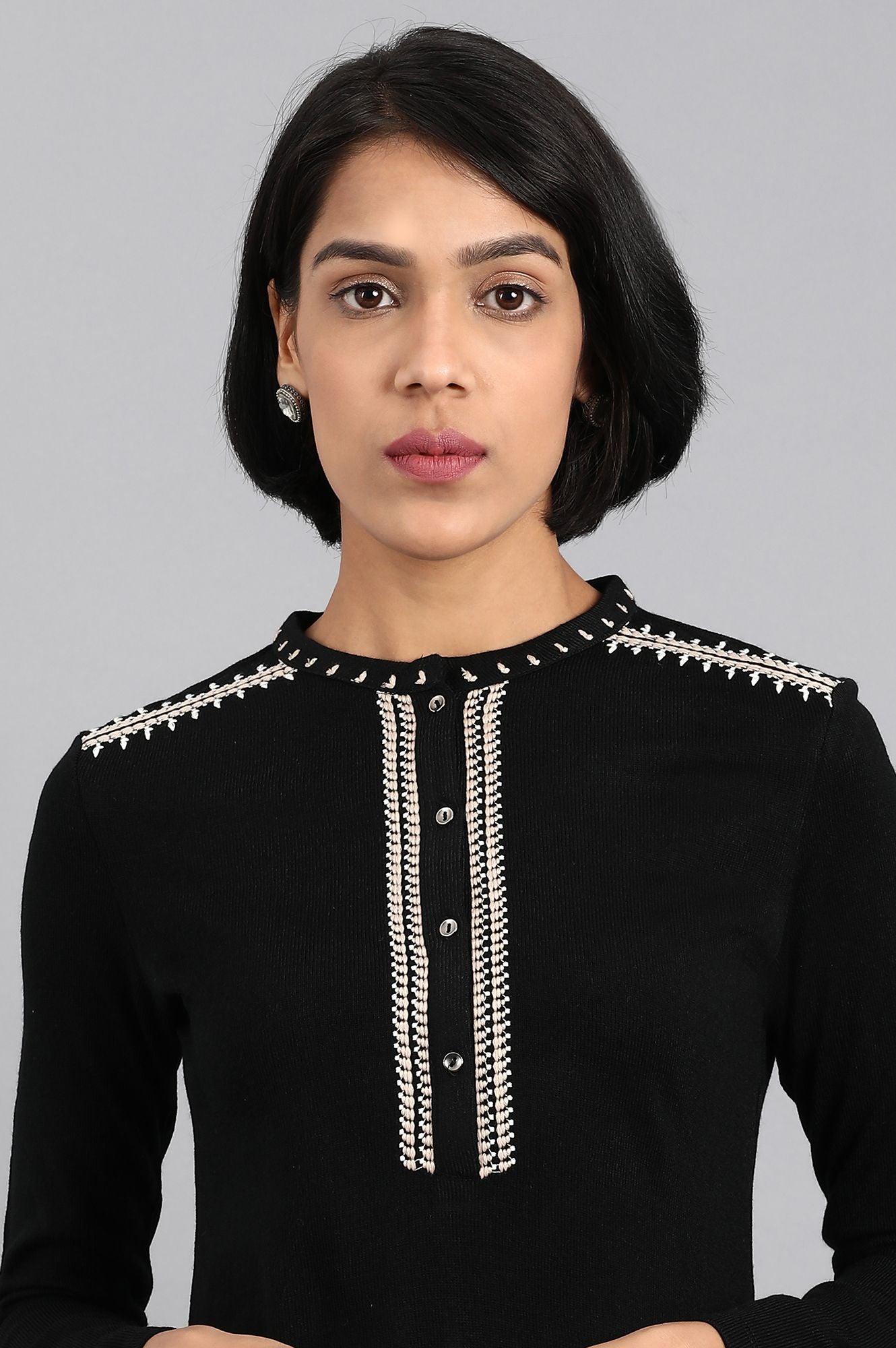 Black Mandarin Neck Solid Winter kurta - wforwoman