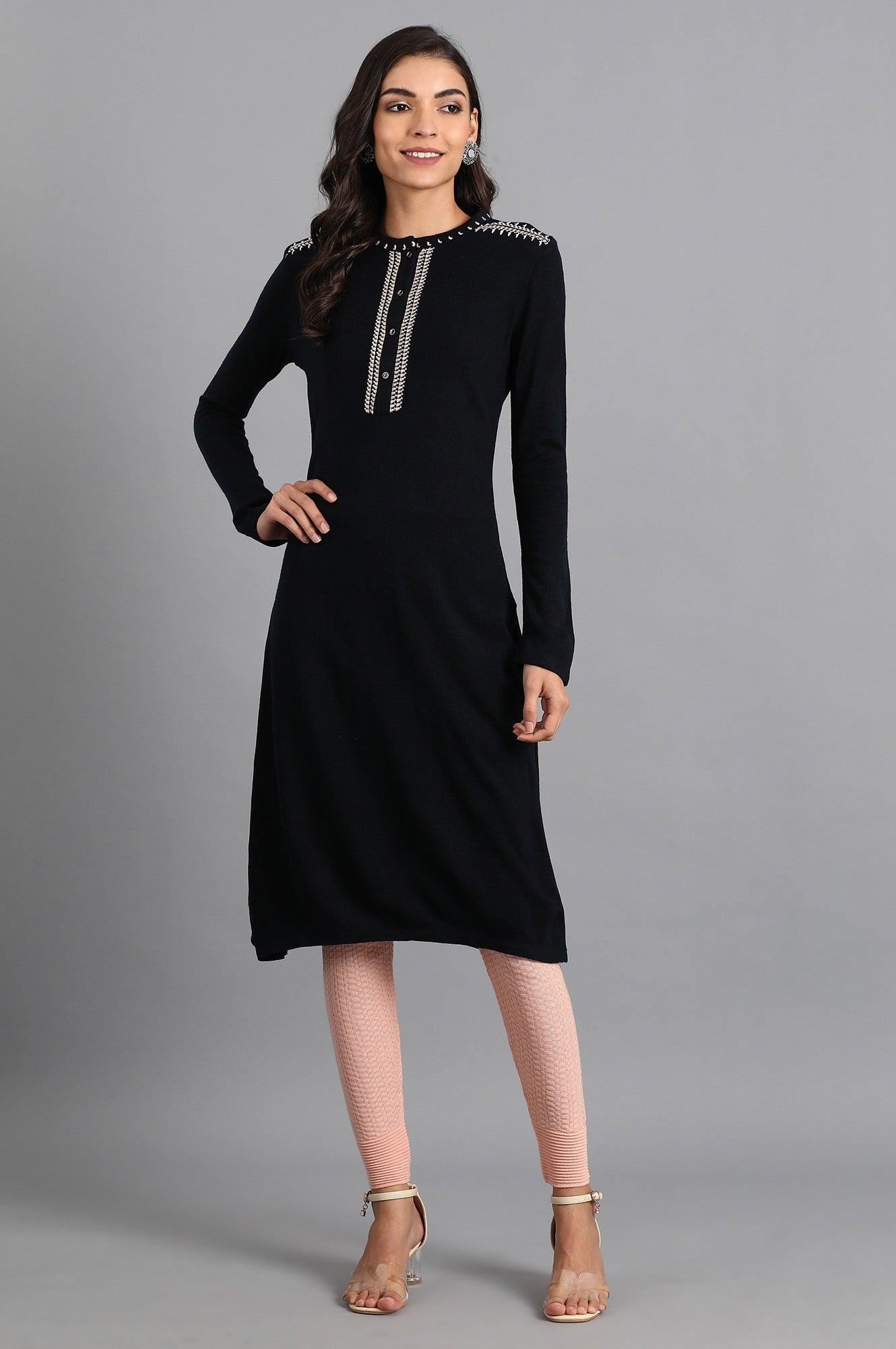 Navy Mandarin Neck Solid Winter kurta - wforwoman