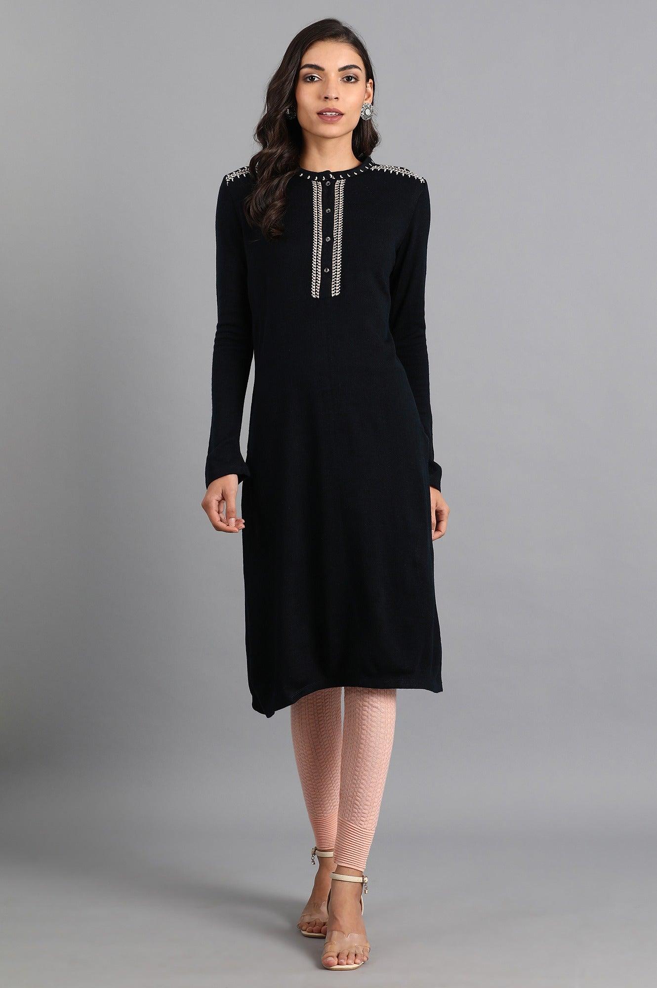 Navy Mandarin Neck Solid Winter kurta - wforwoman