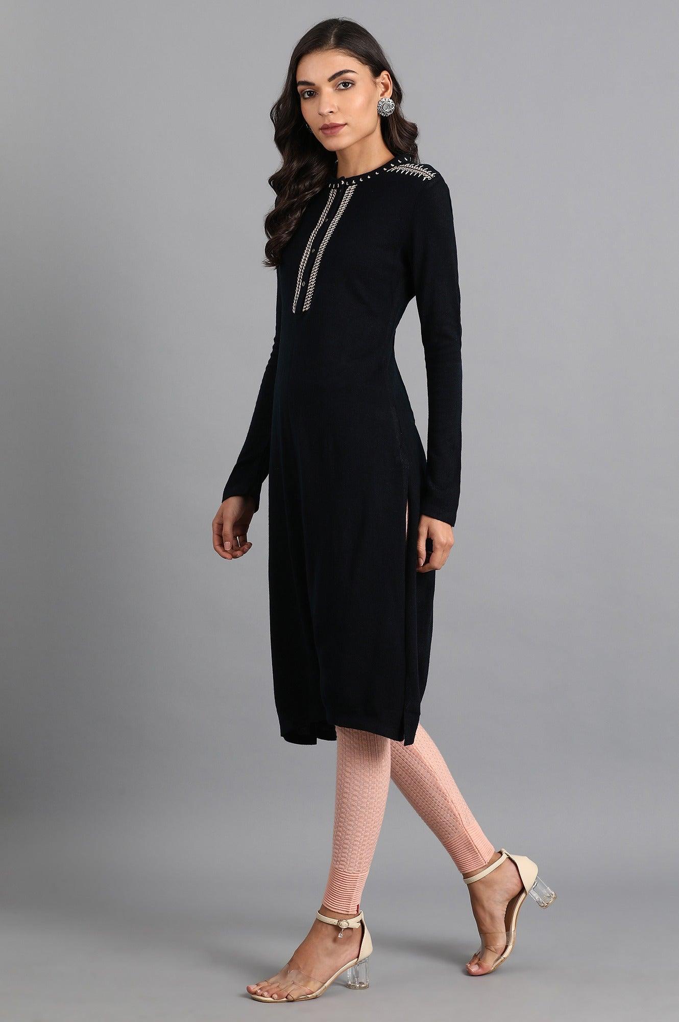 Navy Mandarin Neck Solid Winter kurta - wforwoman