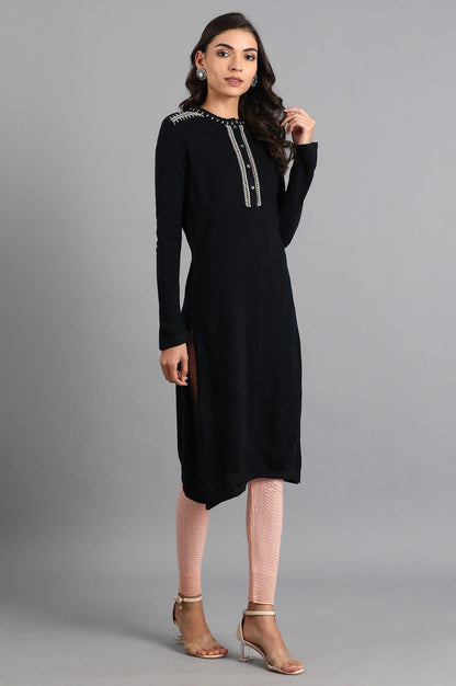 Navy Mandarin Neck Solid Winter kurta - wforwoman