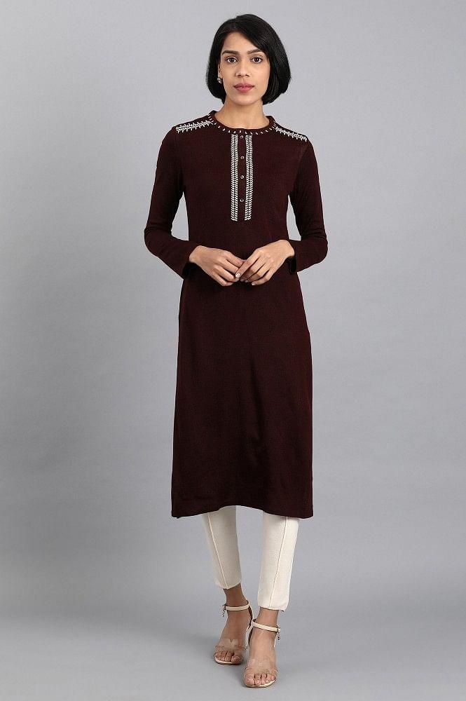 Maroon Mandarin Neck Solid Winter kurta - wforwoman