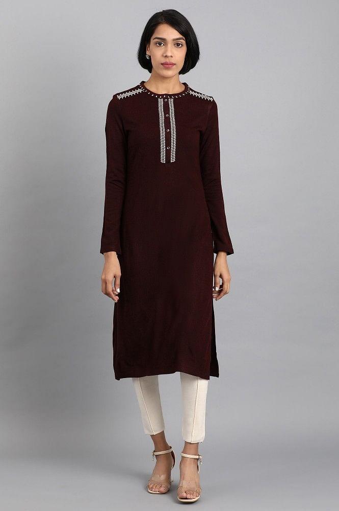 Maroon Mandarin Neck Solid Winter kurta - wforwoman