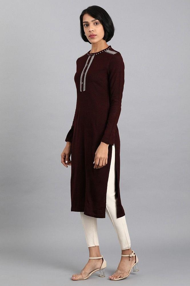 Maroon Mandarin Neck Solid Winter kurta - wforwoman