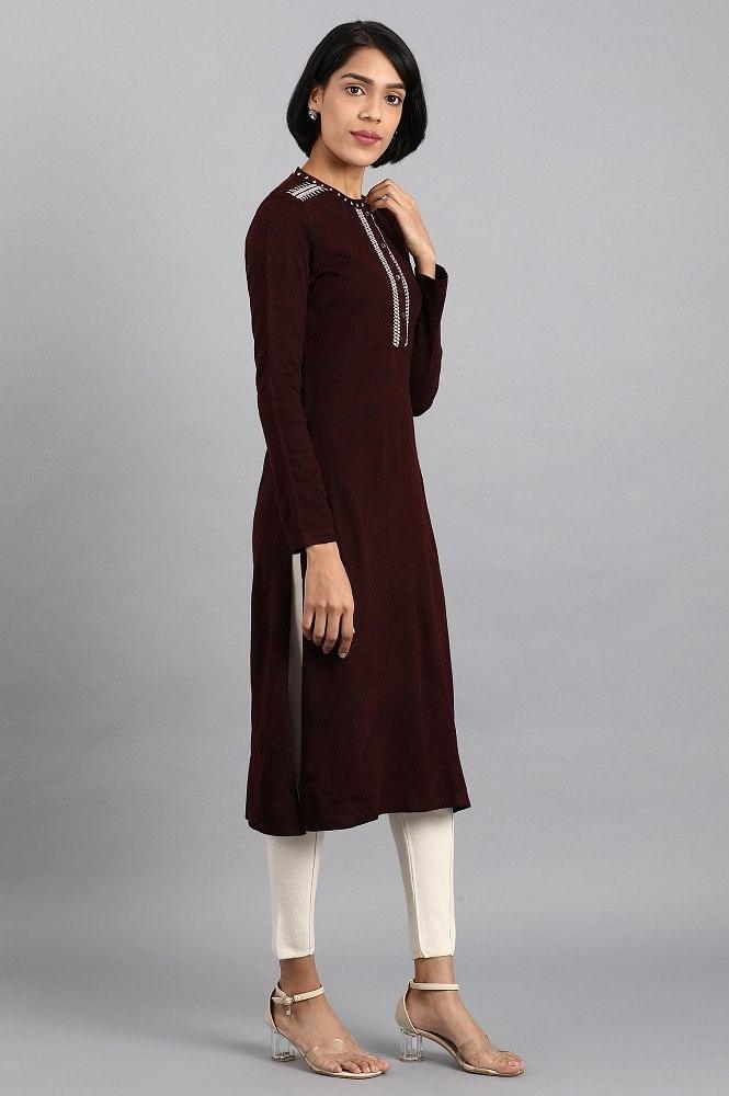 Maroon Mandarin Neck Solid Winter kurta - wforwoman