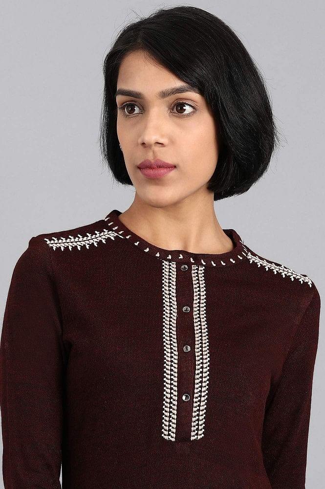 Maroon Mandarin Neck Solid Winter kurta - wforwoman