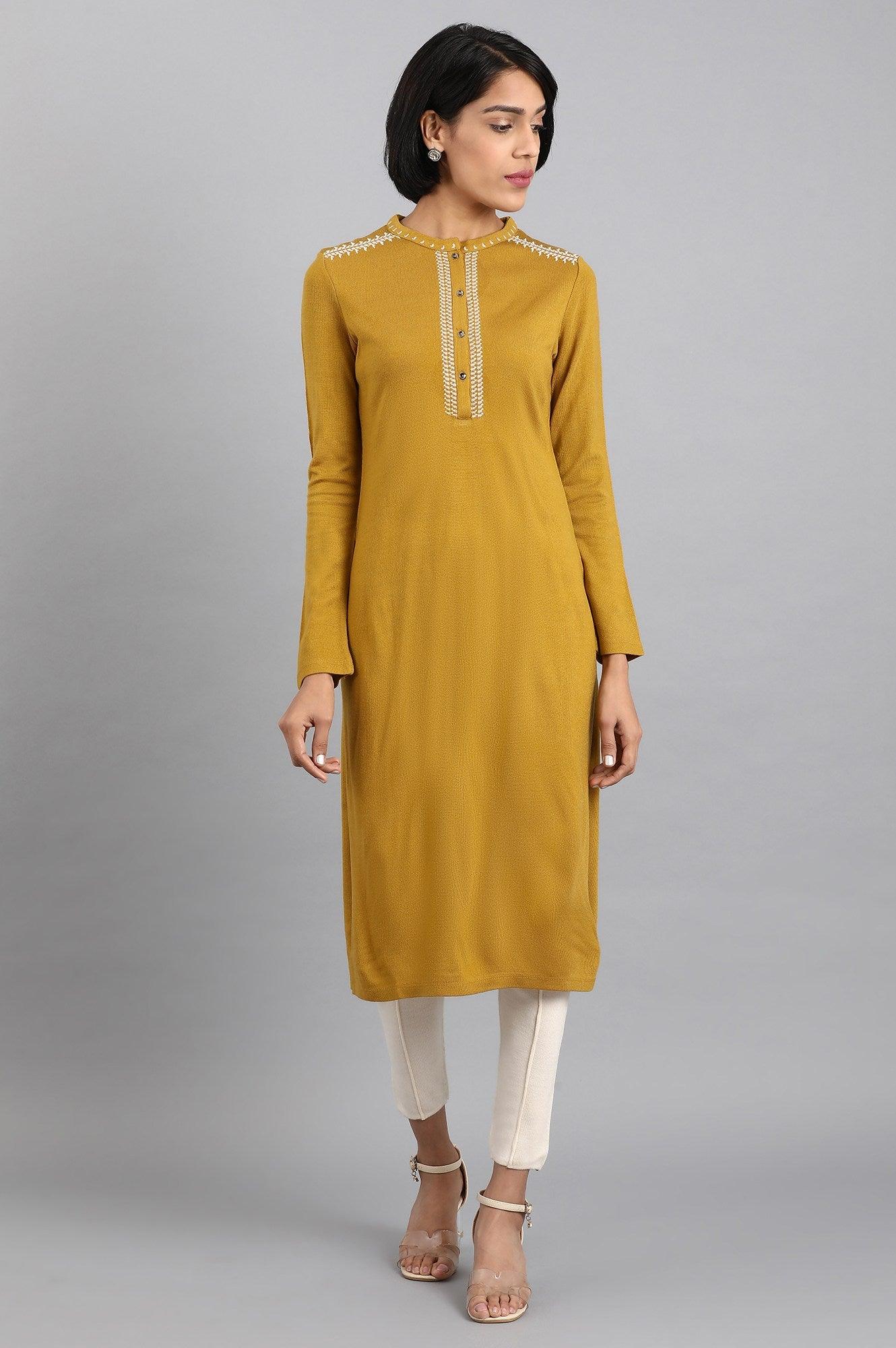 Mustard Mandarin Neck Solid Winter kurta - wforwoman