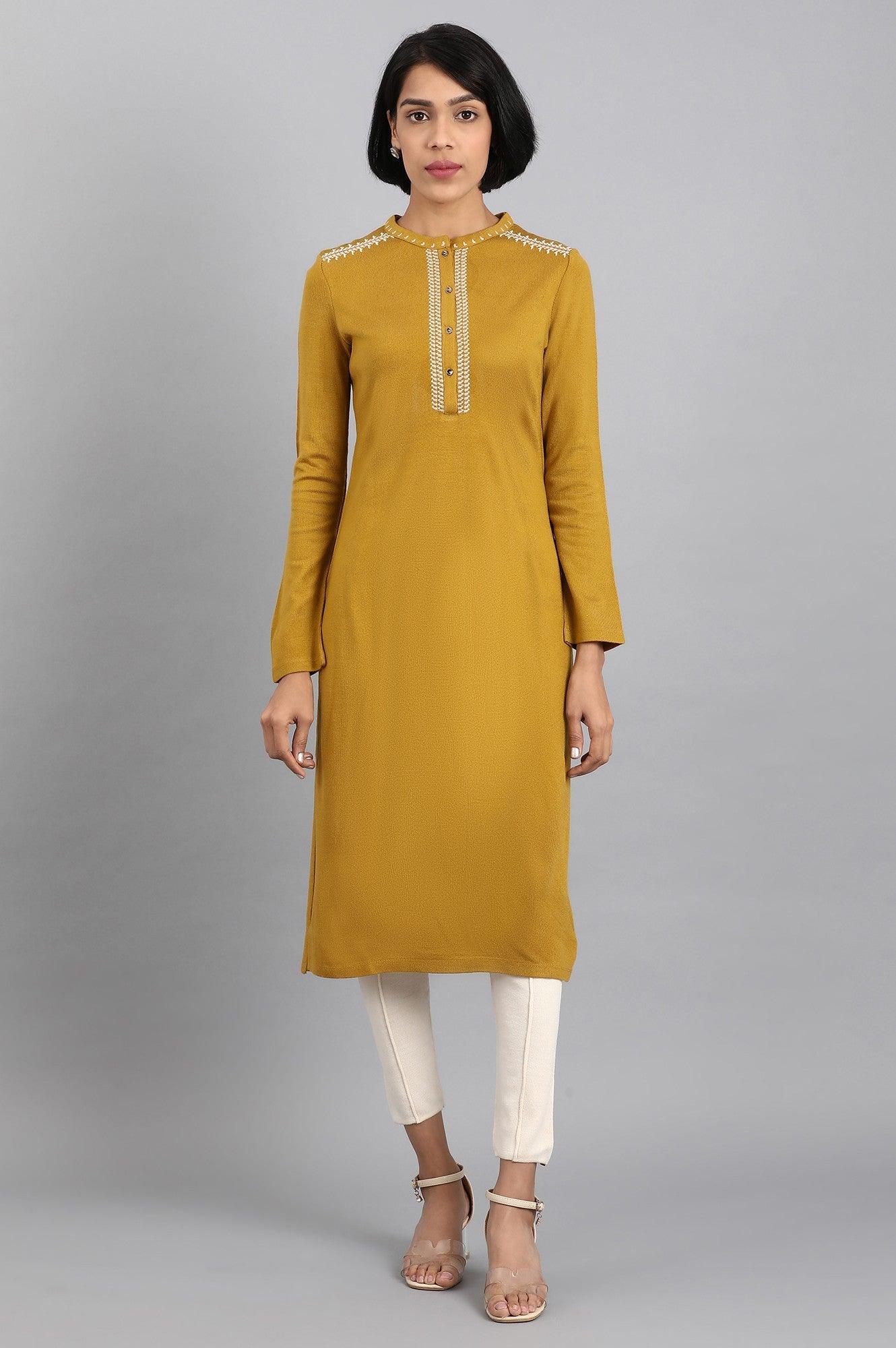 Mustard Mandarin Neck Solid Winter kurta - wforwoman