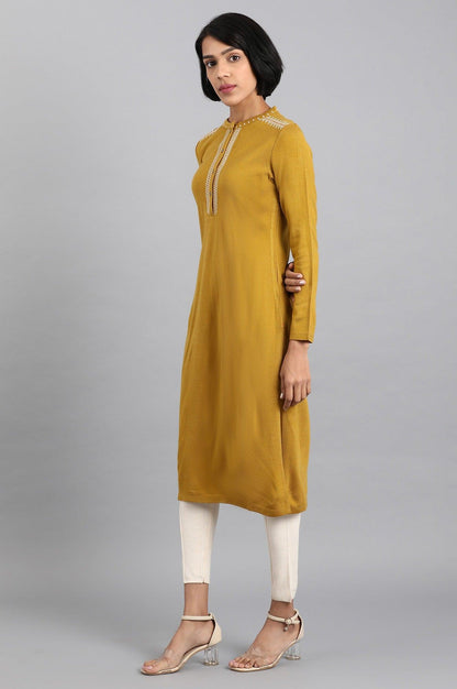 Mustard Mandarin Neck Solid Winter kurta - wforwoman