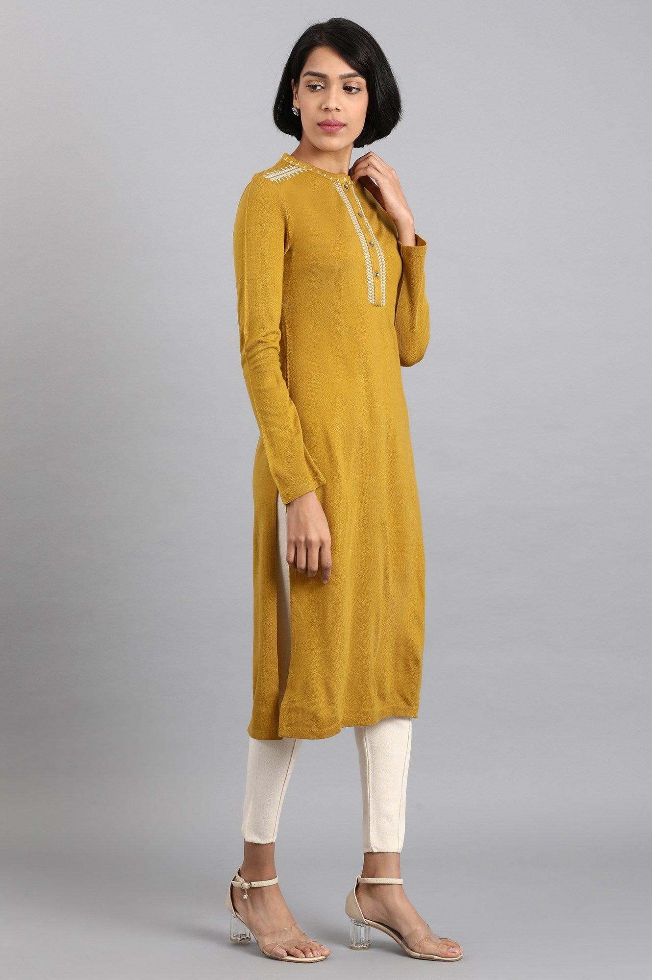 Mustard Mandarin Neck Solid Winter kurta - wforwoman