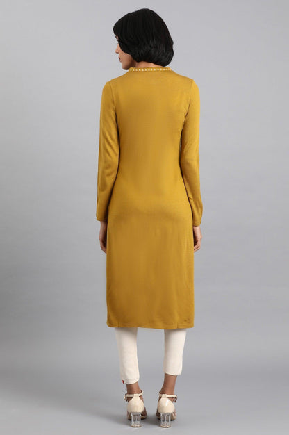 Mustard Mandarin Neck Solid Winter kurta - wforwoman