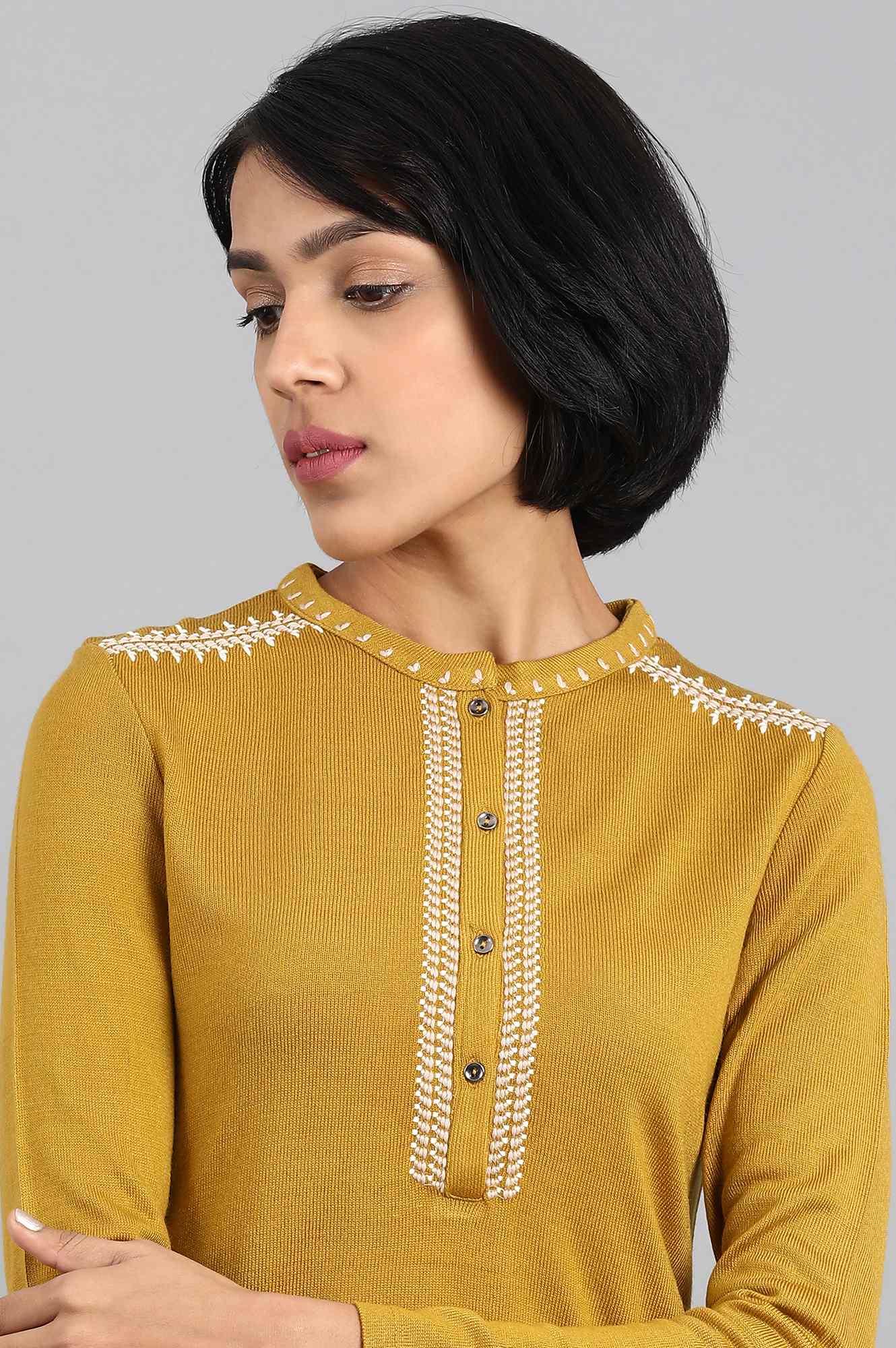 Mustard Mandarin Neck Solid Winter kurta - wforwoman