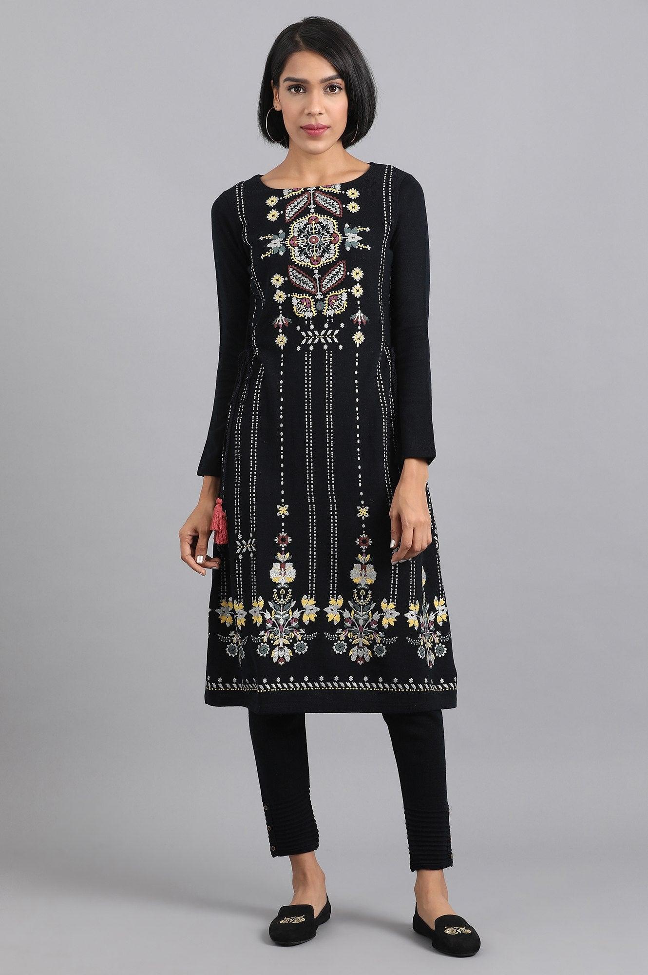 Navy Blue Round Neck Winter kurta - wforwoman