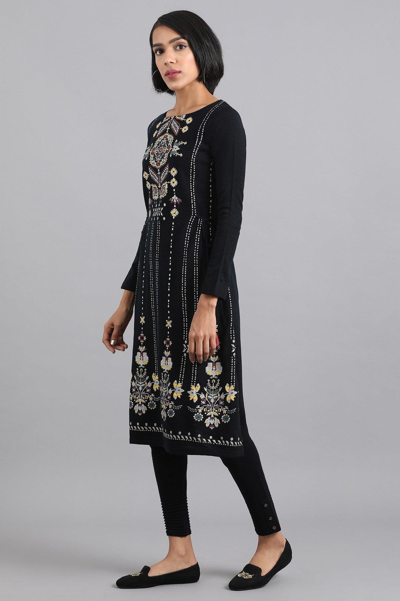 Navy Blue Round Neck Winter kurta - wforwoman