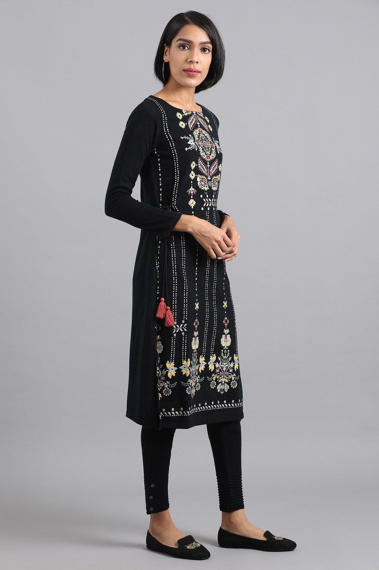 Navy Blue Round Neck Winter kurta - wforwoman