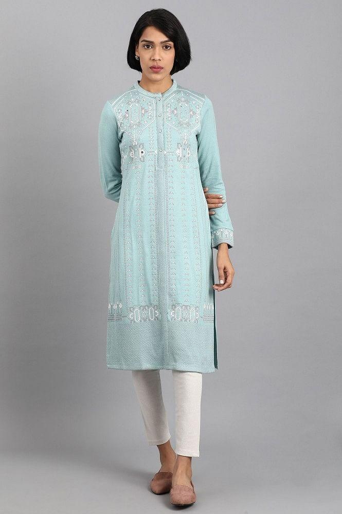 Blue Mandarin Neck Winter kurta - wforwoman