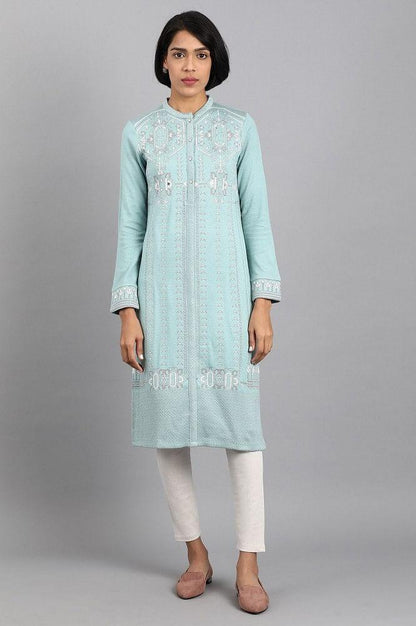 Blue Mandarin Neck Winter kurta - wforwoman