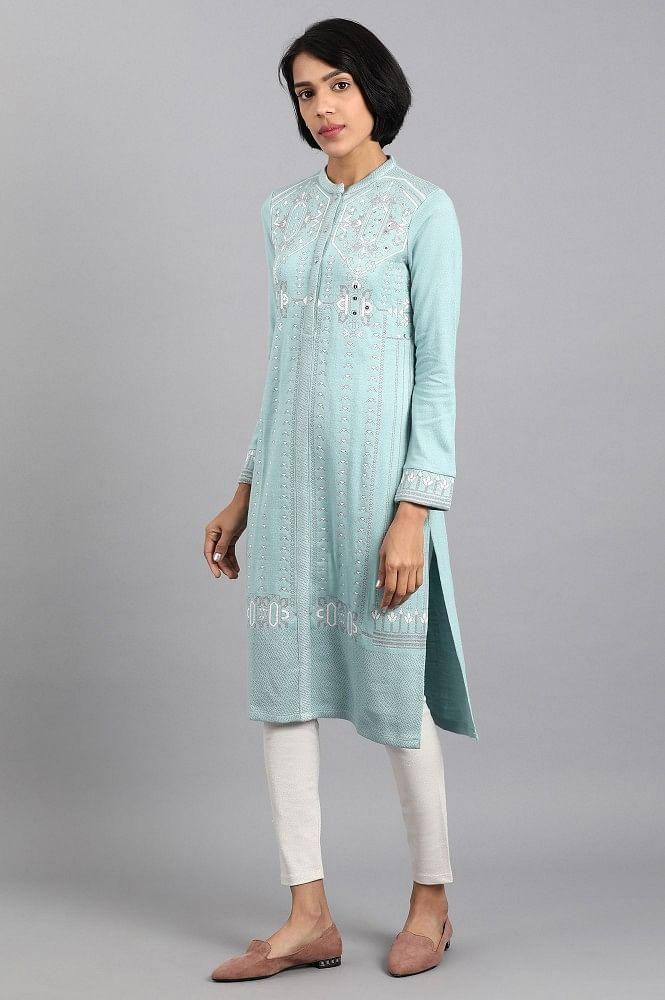 Blue Mandarin Neck Winter kurta - wforwoman