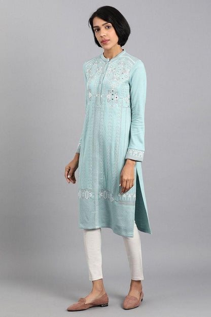 Blue Mandarin Neck Winter kurta - wforwoman