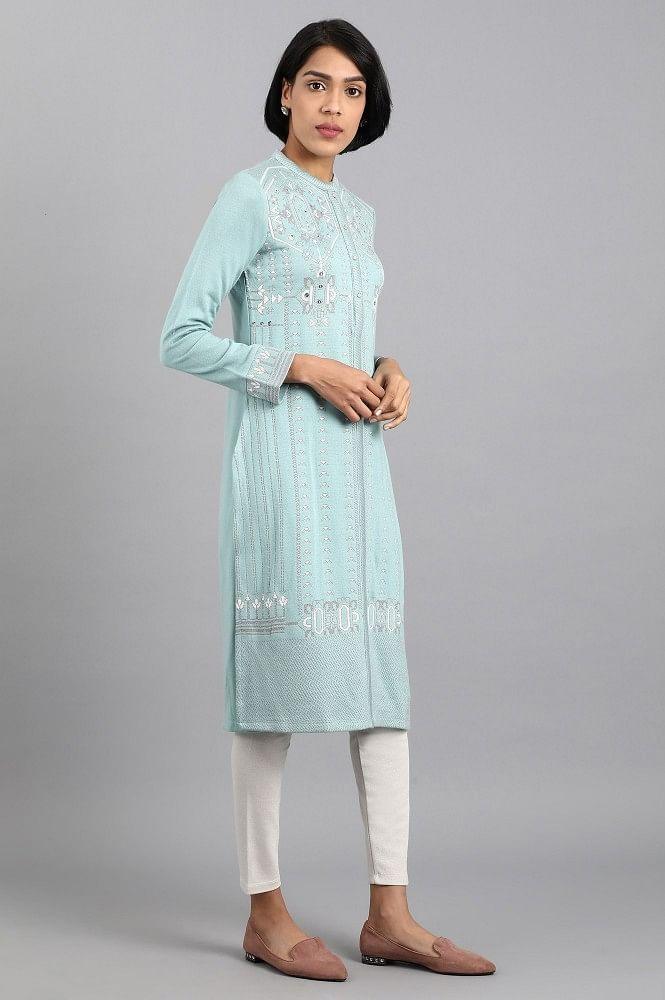 Blue Mandarin Neck Winter kurta - wforwoman