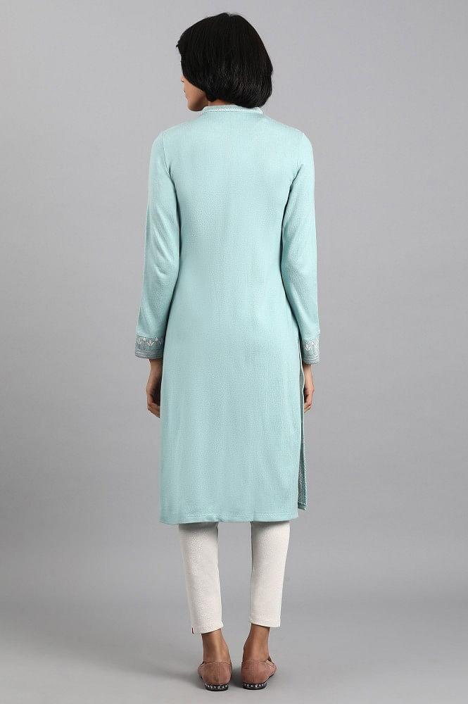 Blue Mandarin Neck Winter kurta - wforwoman