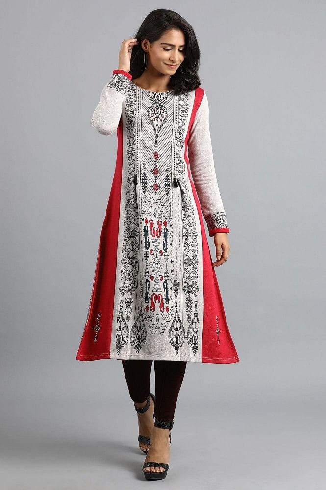 Grey Round Neck Winter kurta - wforwoman